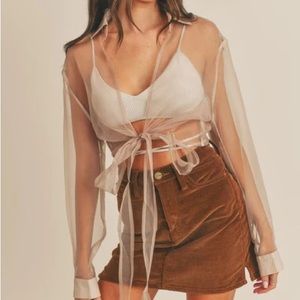 Sheer organza wrap tie blouse tan nude S